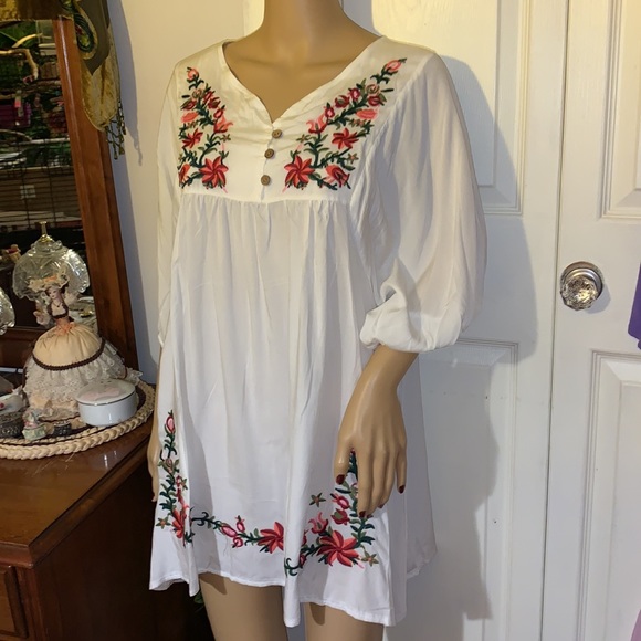 WHITE Embroidered floral Tent babydoll tunic blouse shirt top XL - Picture 6 of 11